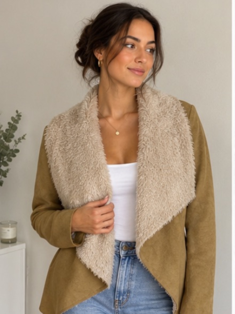 Bass Tan Faux Suede Teddy Jacket with Cream Sherpa Collar